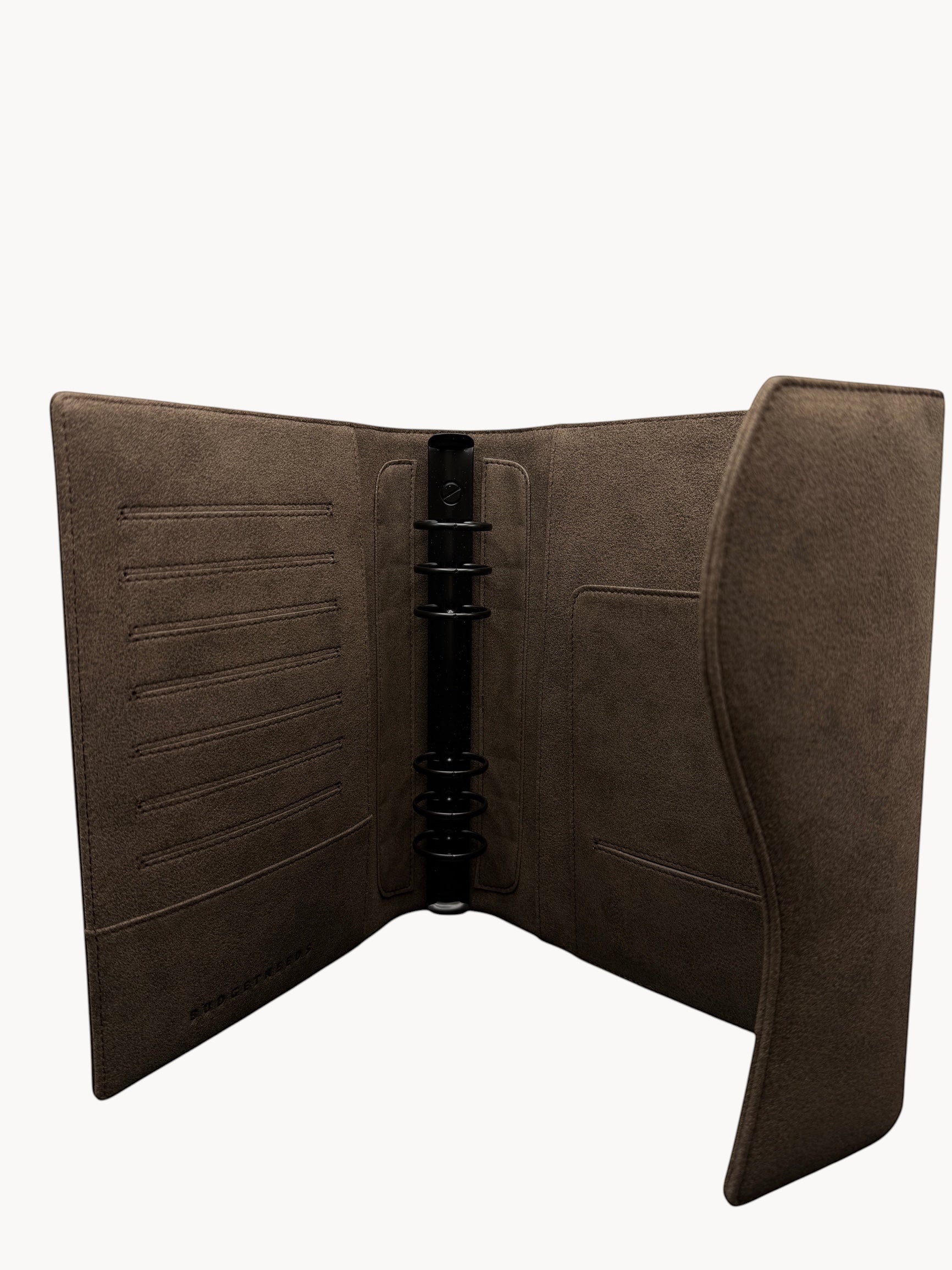 BUDGETNEEDS ™ A5 FlapLine ring binder in coffee suede with a 3cm black ring mechanism and internal card slots.