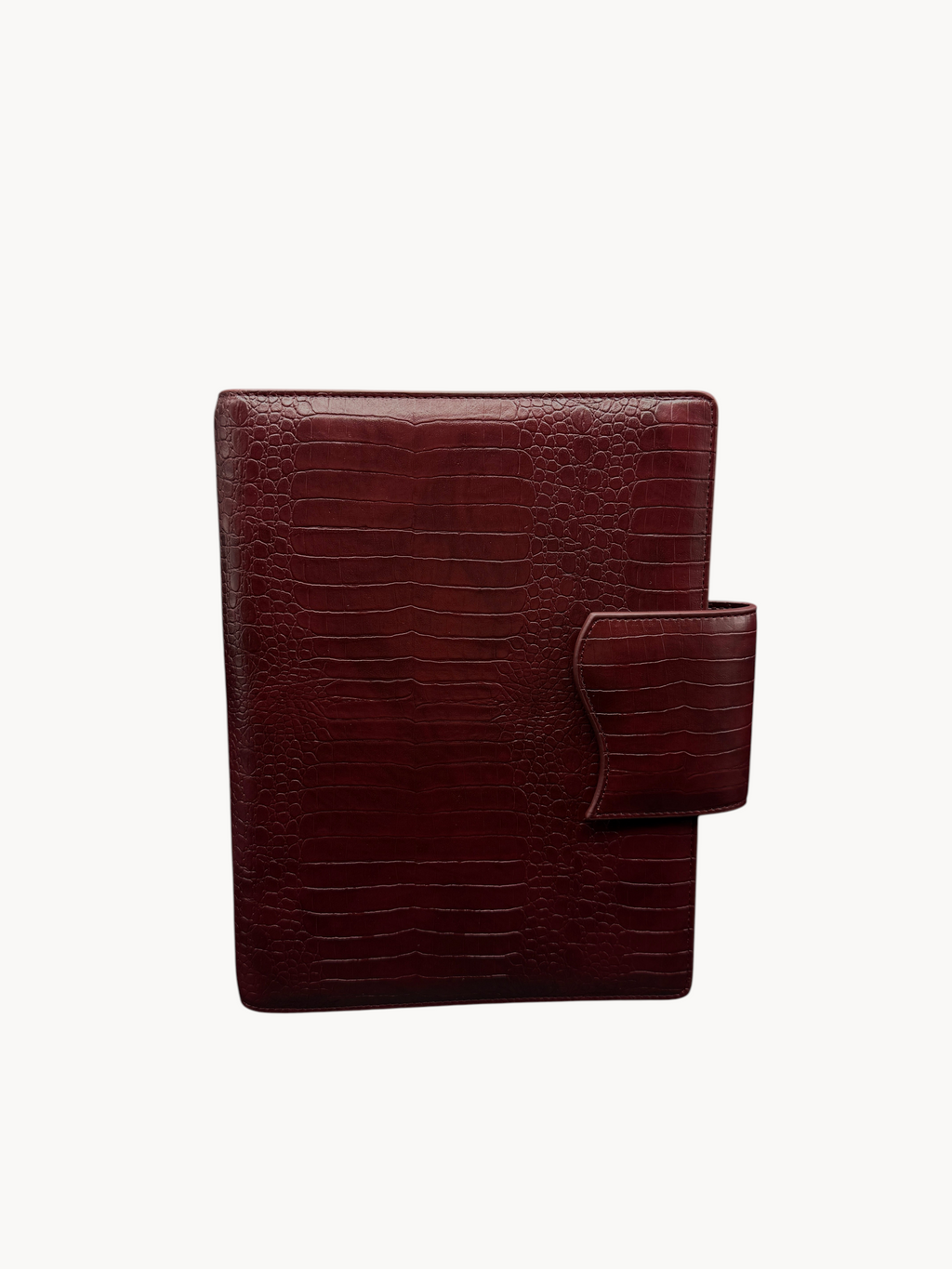 BUDGETNEEDS ™ A5 MiniFlap ring binder in ruby red with a crocodile texture and magnetic button closure.