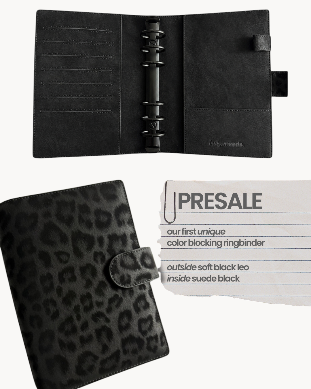 BUDGETNEEDS ™ A6 ring binder in black vegan leather with a subtle leopard print pattern and black hardware.