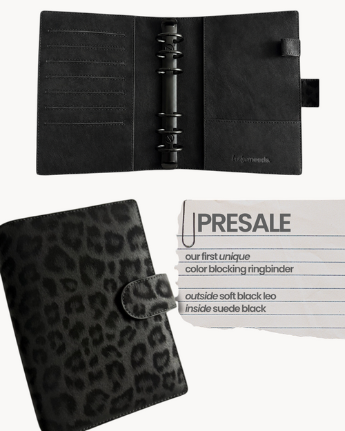 BUDGETNEEDS ™ A6 ring binder in black vegan leather with a subtle leopard print pattern and black hardware.