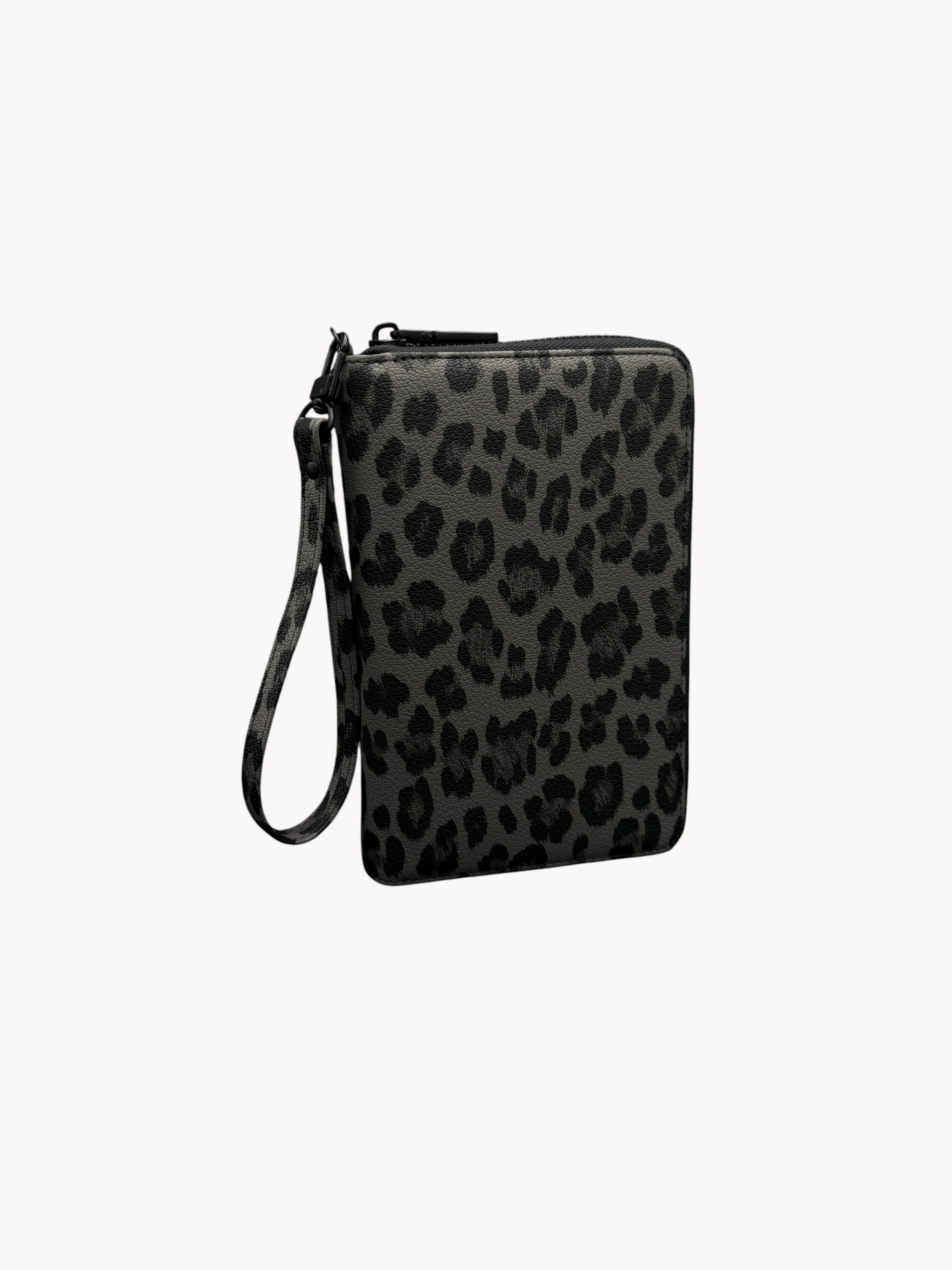 BUDGETNEEDS ™ A6 zip ring binder in grey leopard print with a wrist strap and secure zipper closure