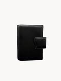 BUDGETNEEDS ™ A6 MiniFlap ring binder in black textured leather with a magnetic snap closure and pen holder.