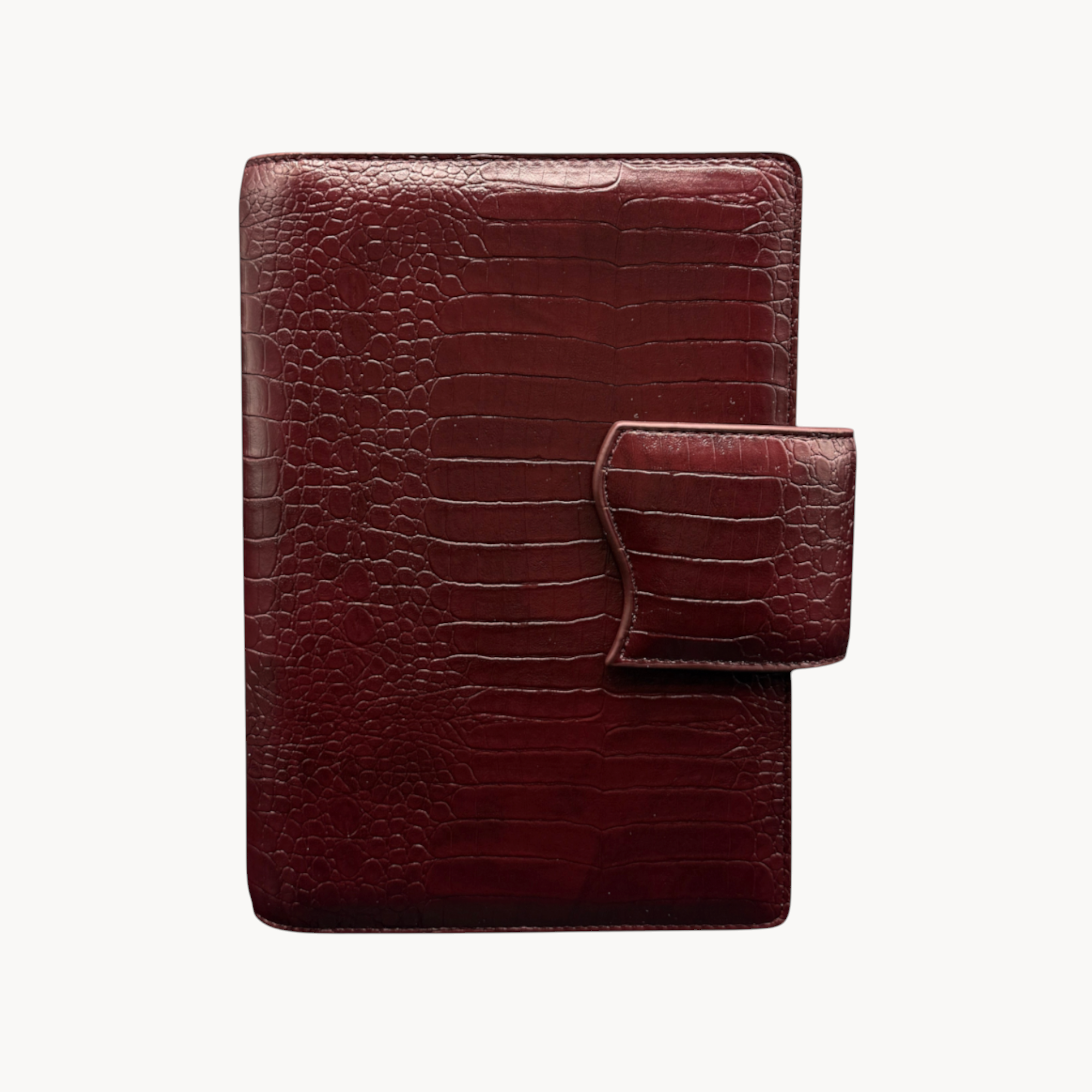 BUDGETNEEDS ™ A6 MiniFlap ring binder in ruby red with a crocodile-embossed texture and magnetic button closure.