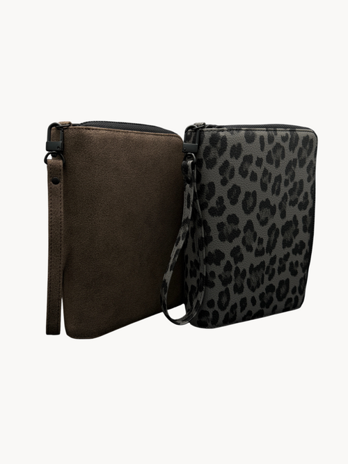 BUDGETNEEDS ™ A6 zip ring binder in brown suede and grey leopard print with wrist strap and minimalist design