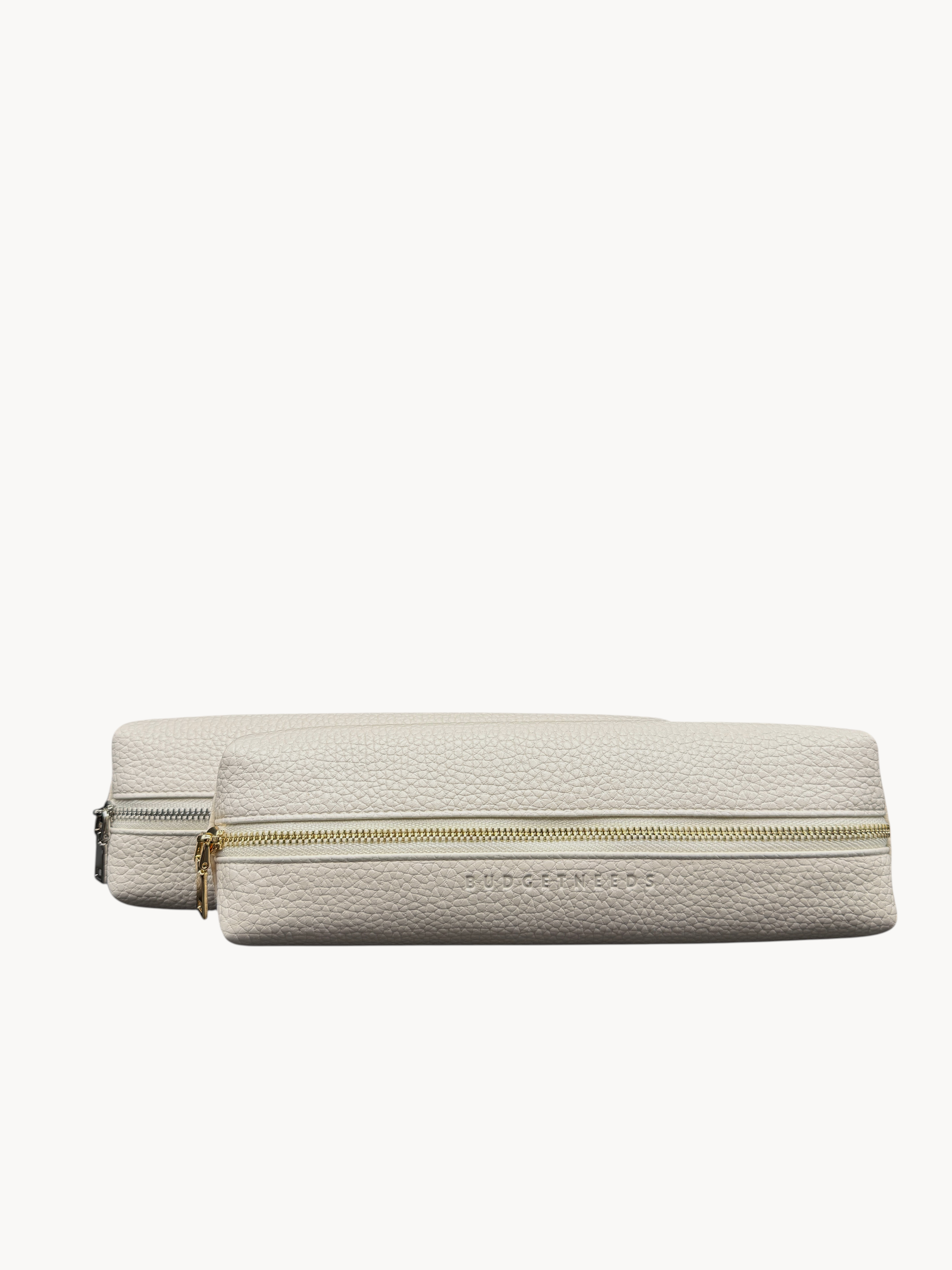 BUDGETNEEDS ™ beige vegan leather pencil case with gold zipper hardware for stationery or cosmetics