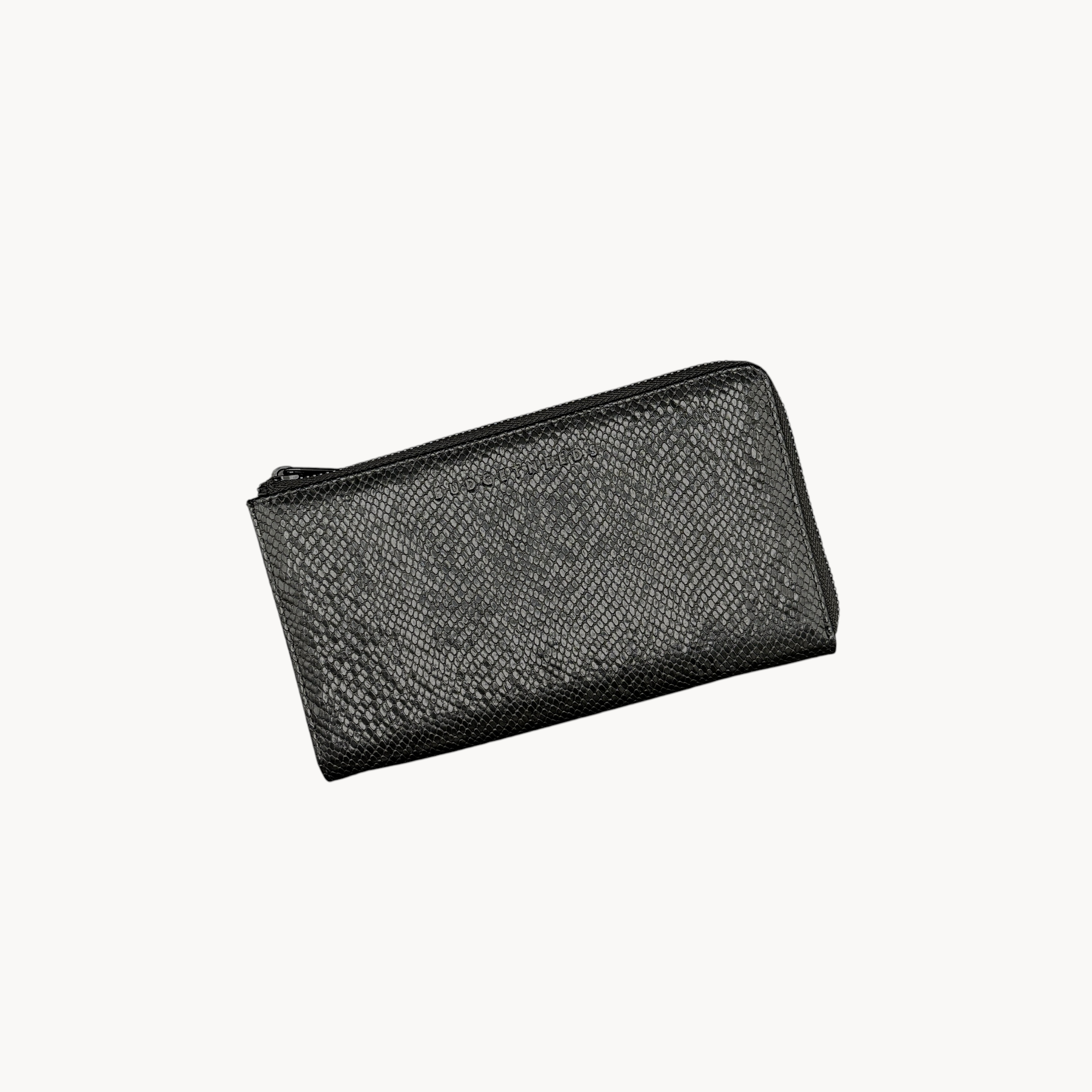 BUDGETNEEDS ™ black snake skin textured zip wallet with a slim minimalist design for cards and cash