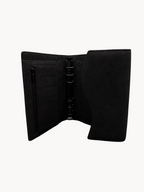 BUDGETNEEDS ™ black suede ring binder planner with internal card slots and zipper pocket, open view