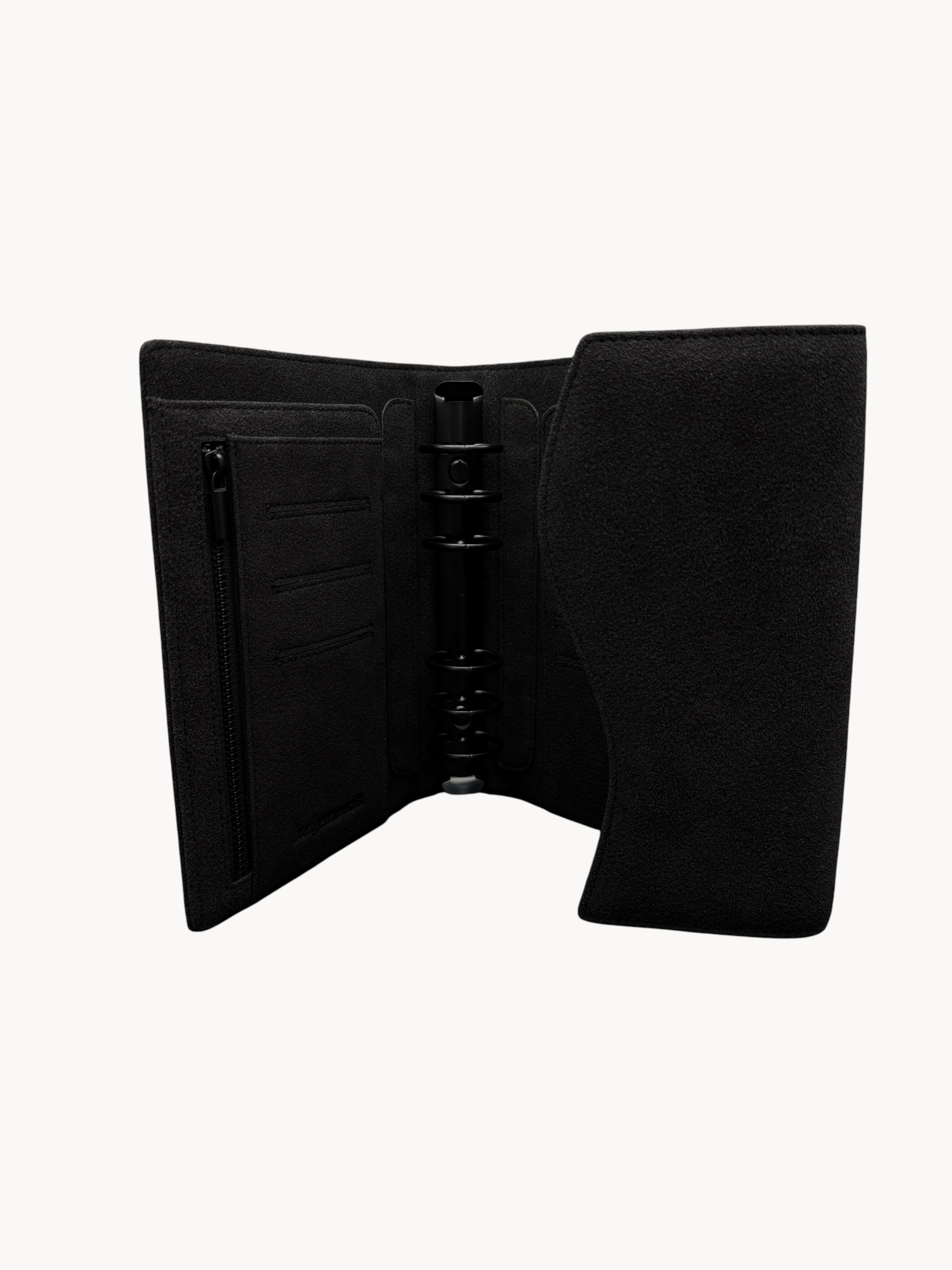 BUDGETNEEDS ™ black suede ring binder planner with internal card slots and zipper pocket, open view