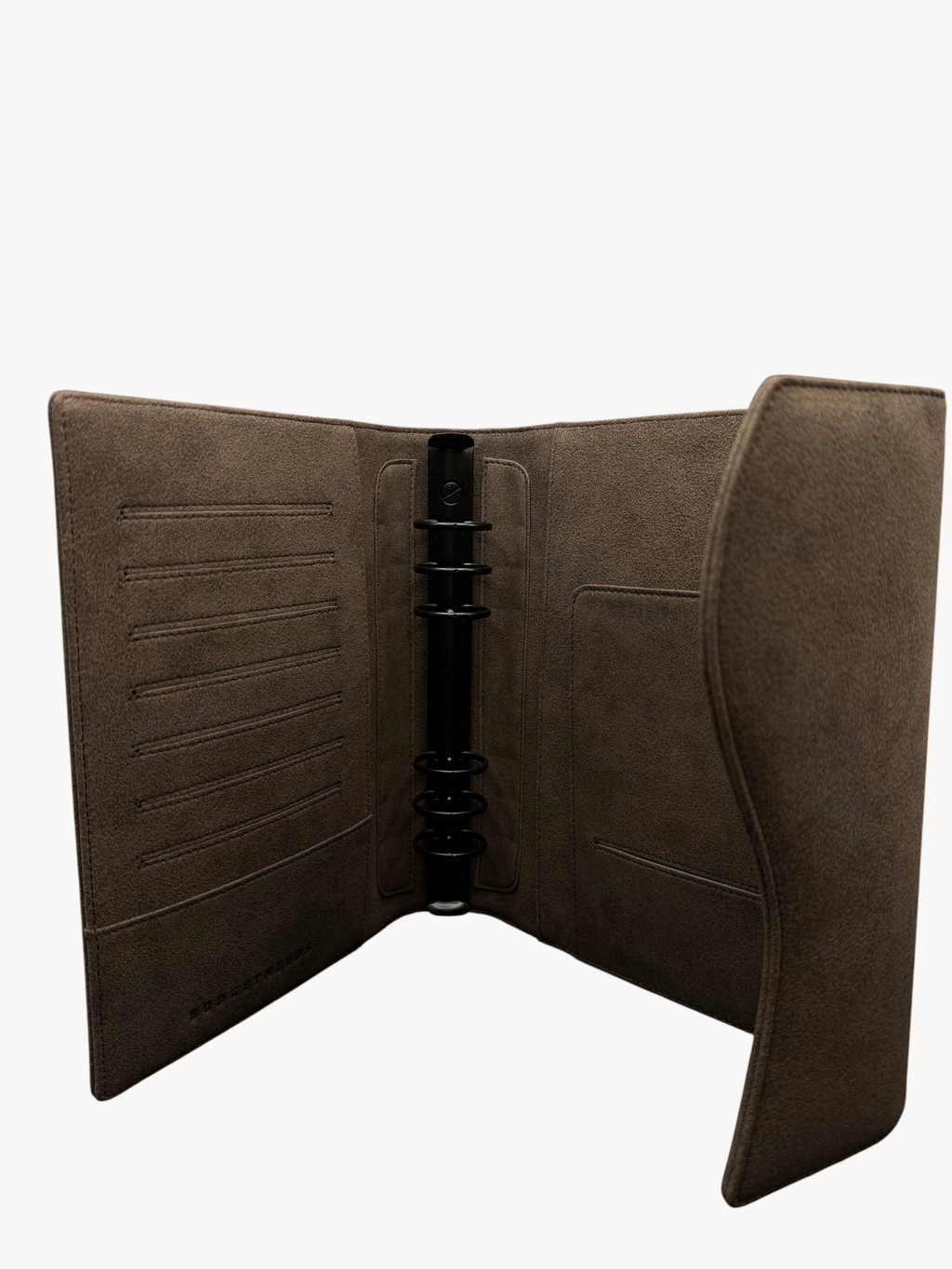 BUDGETNEEDS ™ brown suede ring binder planner with internal card slots and black metal rings