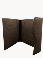BUDGETNEEDS ™ brown suede ring binder planner with internal card slots and black metal rings