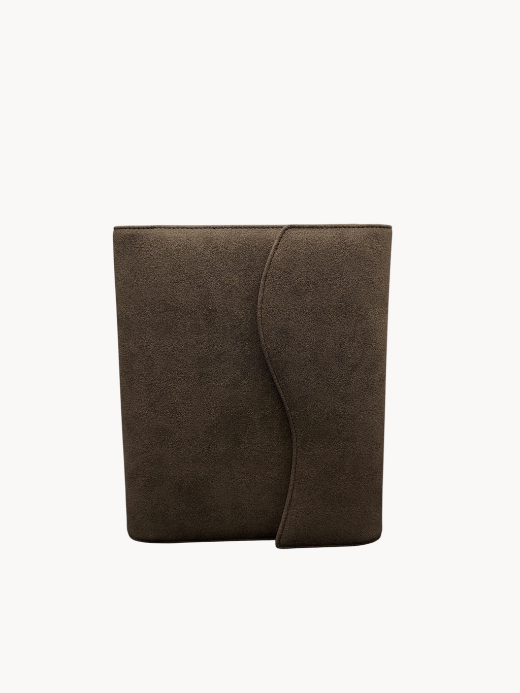 BUDGETNEEDS ™ brown suede ring binder with a curved flap closure, shown from the front against a white background.