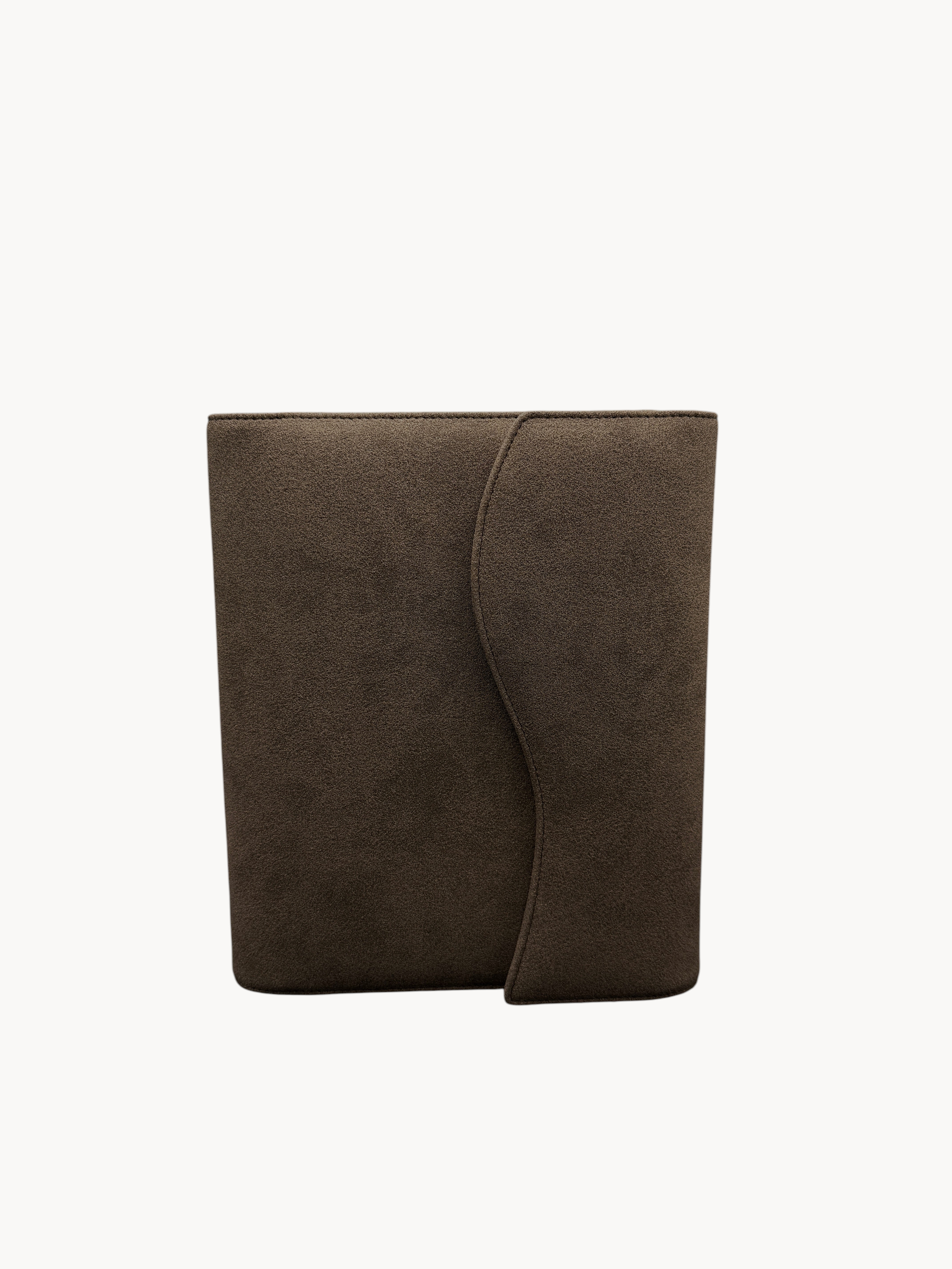 BUDGETNEEDS ™ brown suede ring binder with a curved flap closure, shown from the front against a white background.