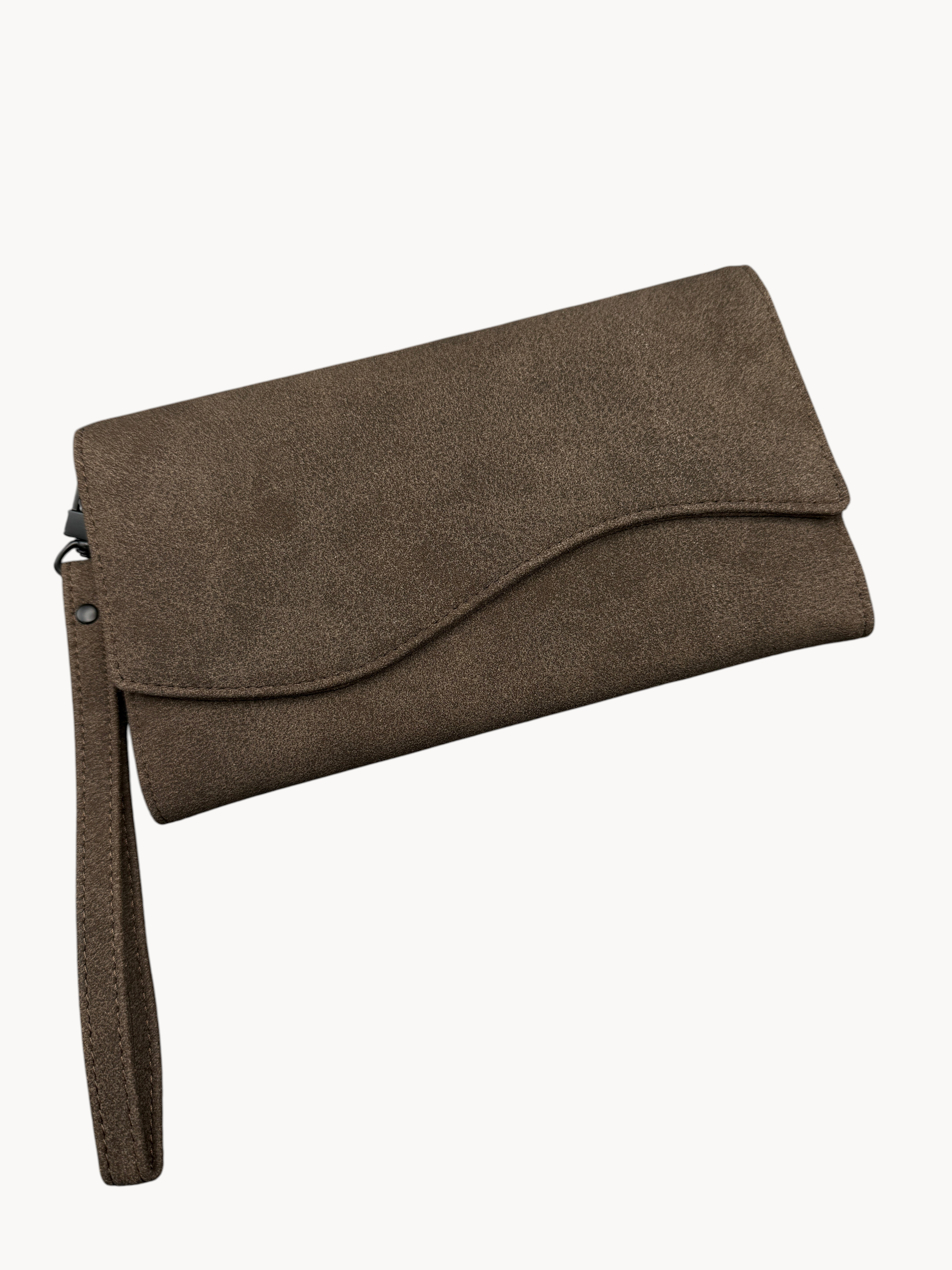 BUDGETNEEDS ™ brown suede wallet with a wrist strap and curved flap design, shown as a discounted second-choice item.