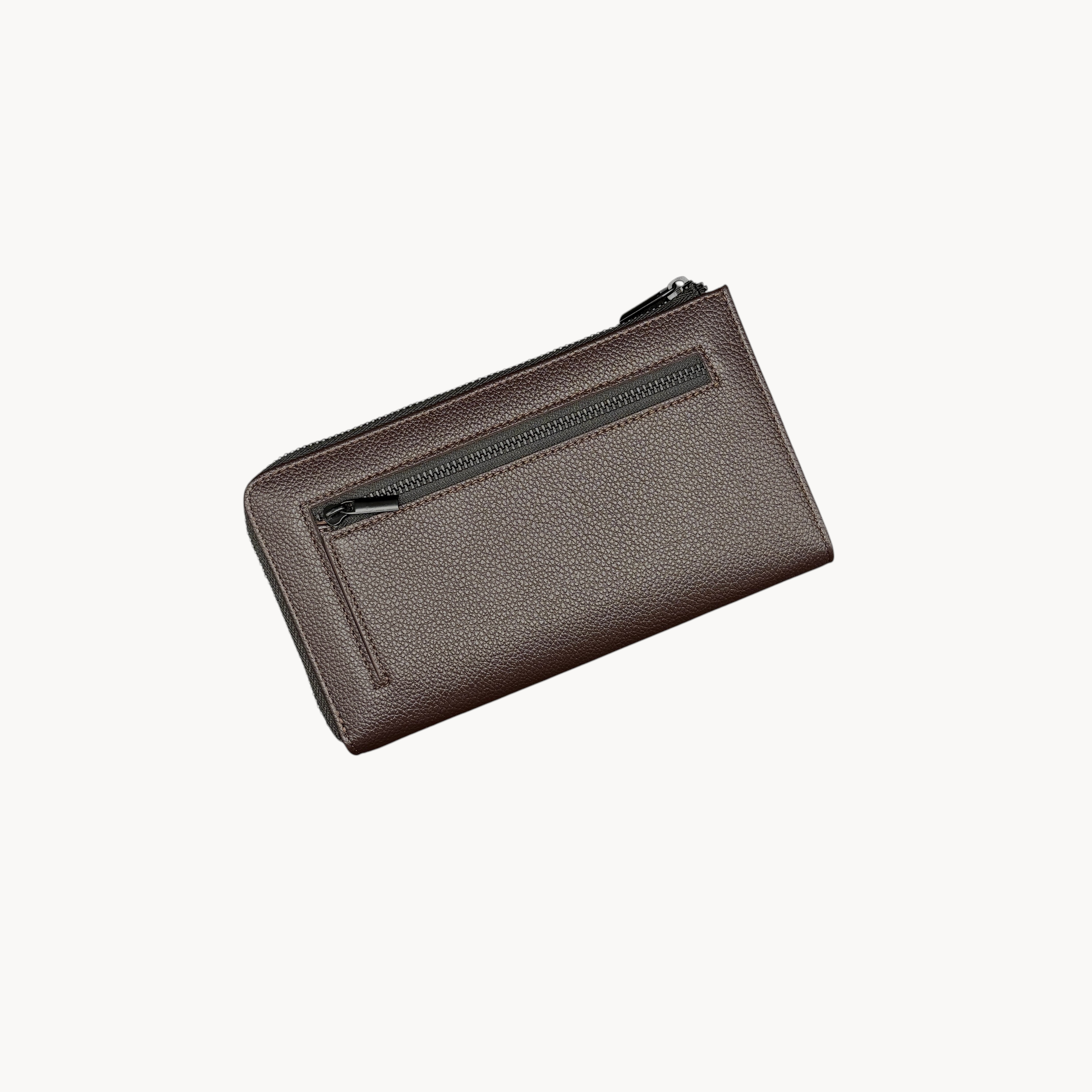 BUDGETNEEDS ™ chocolate brown textured leather zip wallet with a convenient exterior zippered coin pocket