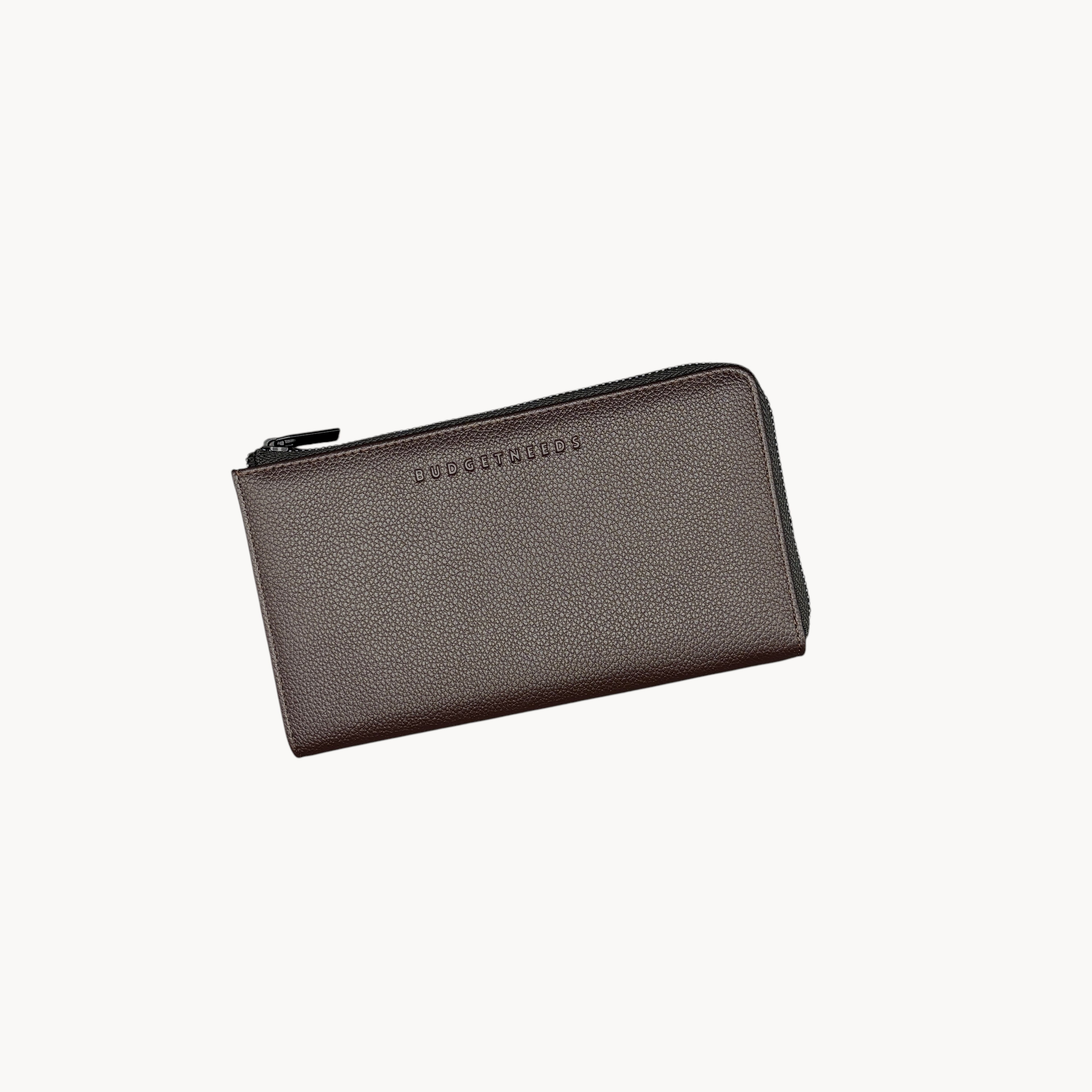 BUDGETNEEDS ™ chocolate brown zip-around wallet with a textured finish and embossed logo on a plain background