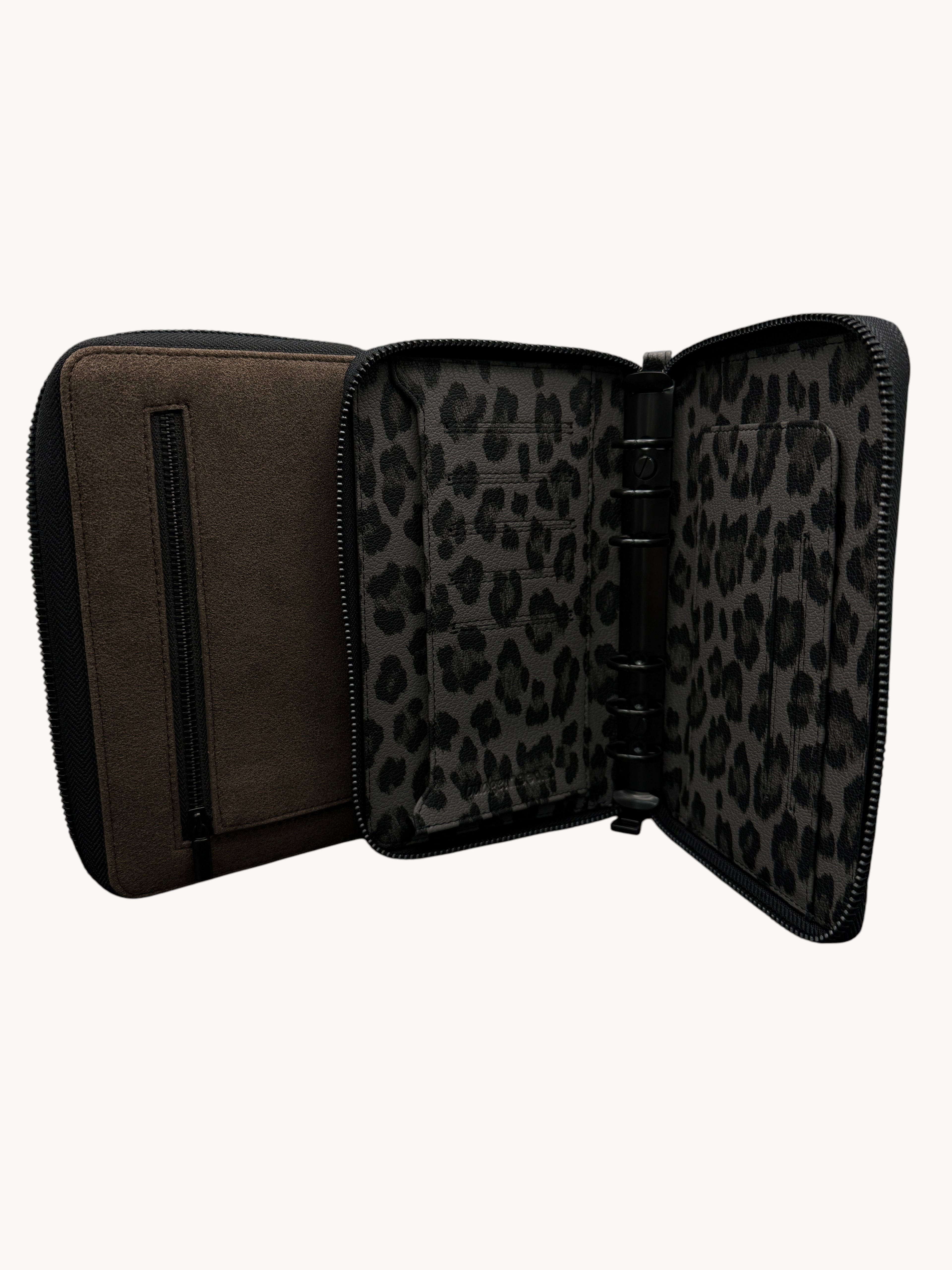 BUDGETNEEDS ™ Daily A6 zip ring binder in brown with a black leopard print interior and secure zipper closure
