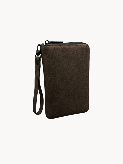 BUDGETNEEDS ™ Daily A6 zip ring binder in dark brown with a wrist strap and secure zipper closure.