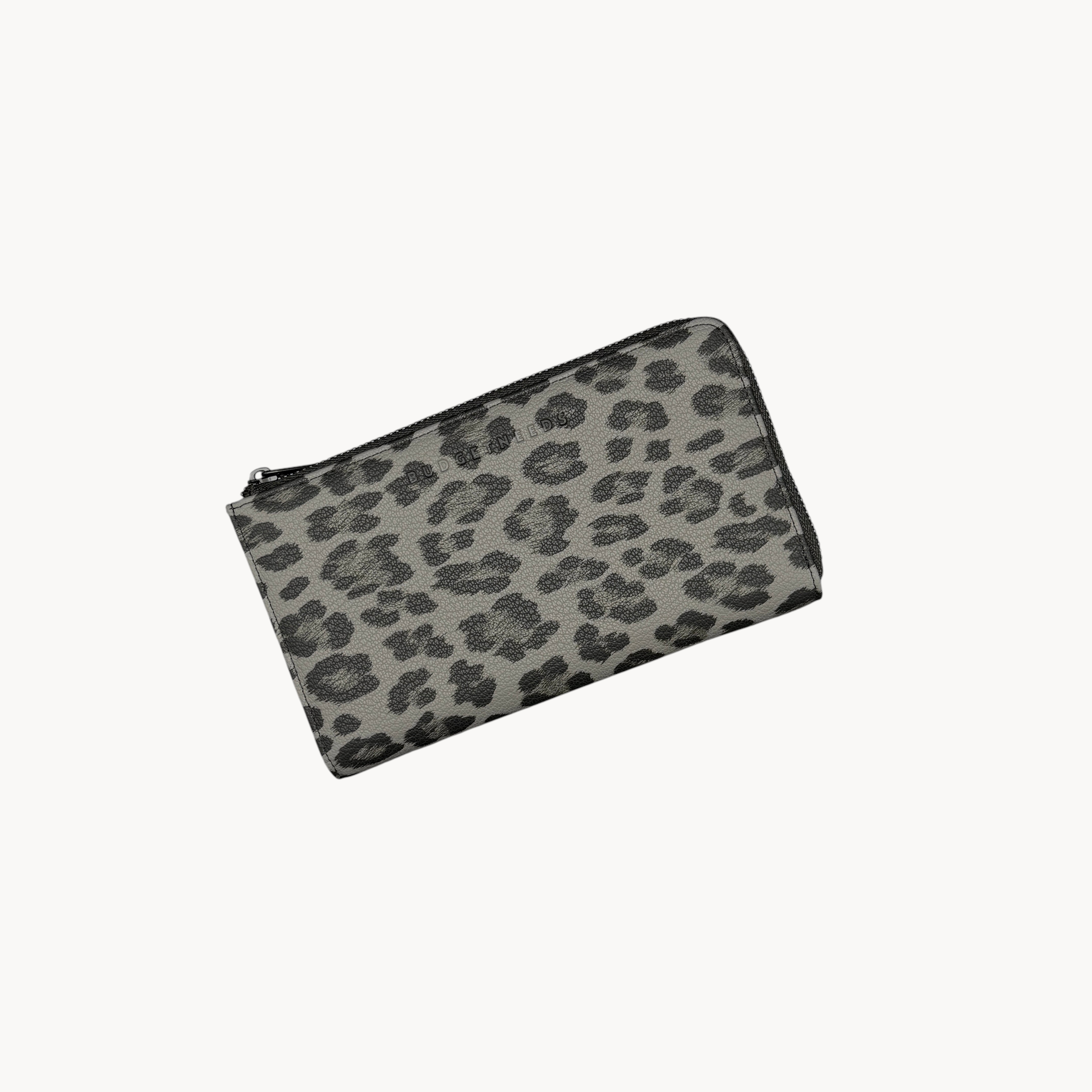 BUDGETNEEDS ™ Wallet Zip in a grey and black leopard print pattern with a secure zip closure