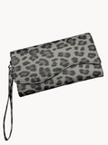 BUDGETNEEDS ™ leopard print suede wallet with wrist strap, featuring a flap closure and textured finish.