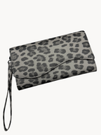BUDGETNEEDS ™ leopard print suede wallet with wrist strap, featuring a flap closure and textured finish.