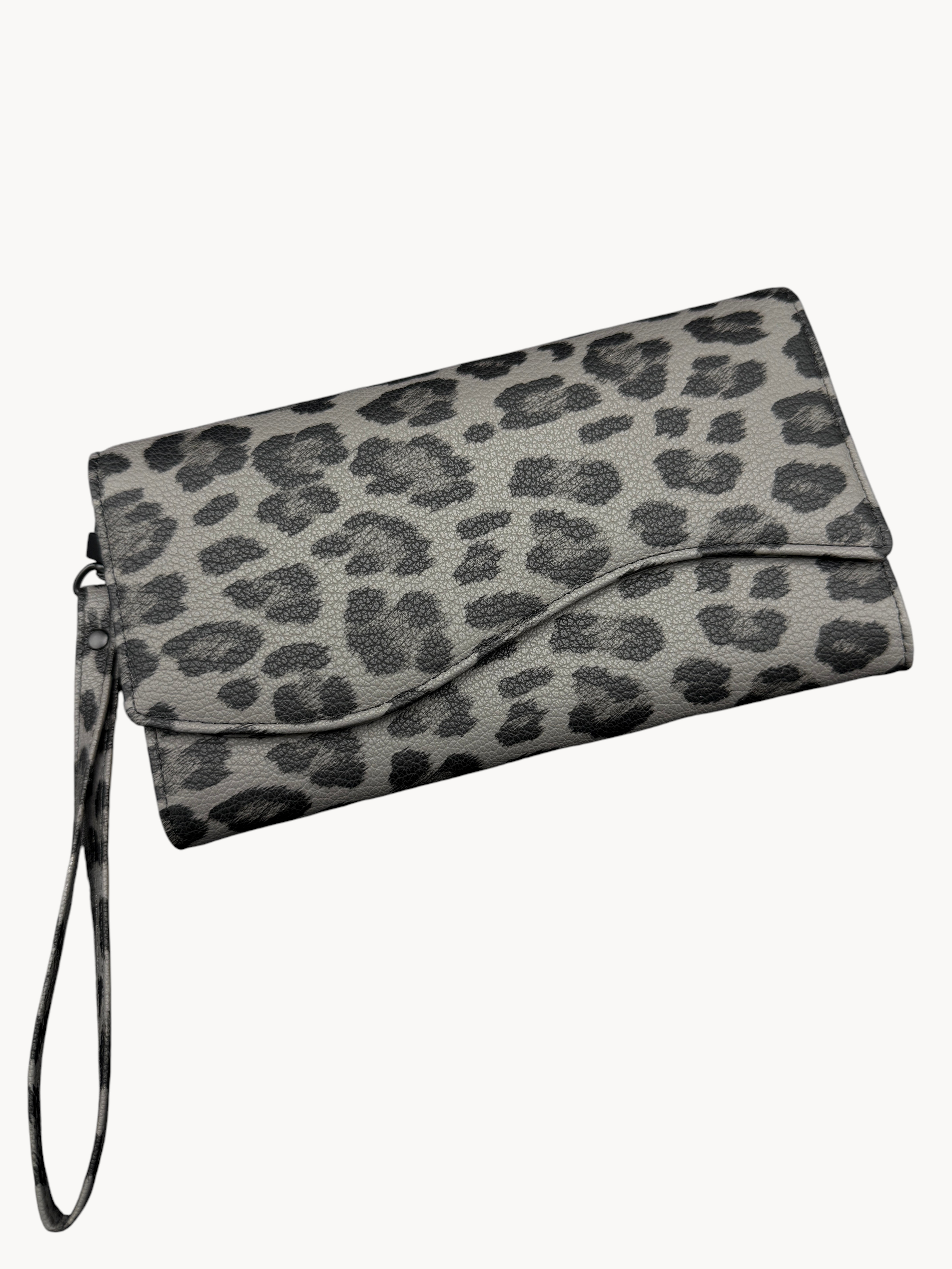 BUDGETNEEDS ™ leopard print suede wallet with wrist strap, featuring a flap closure and textured finish.