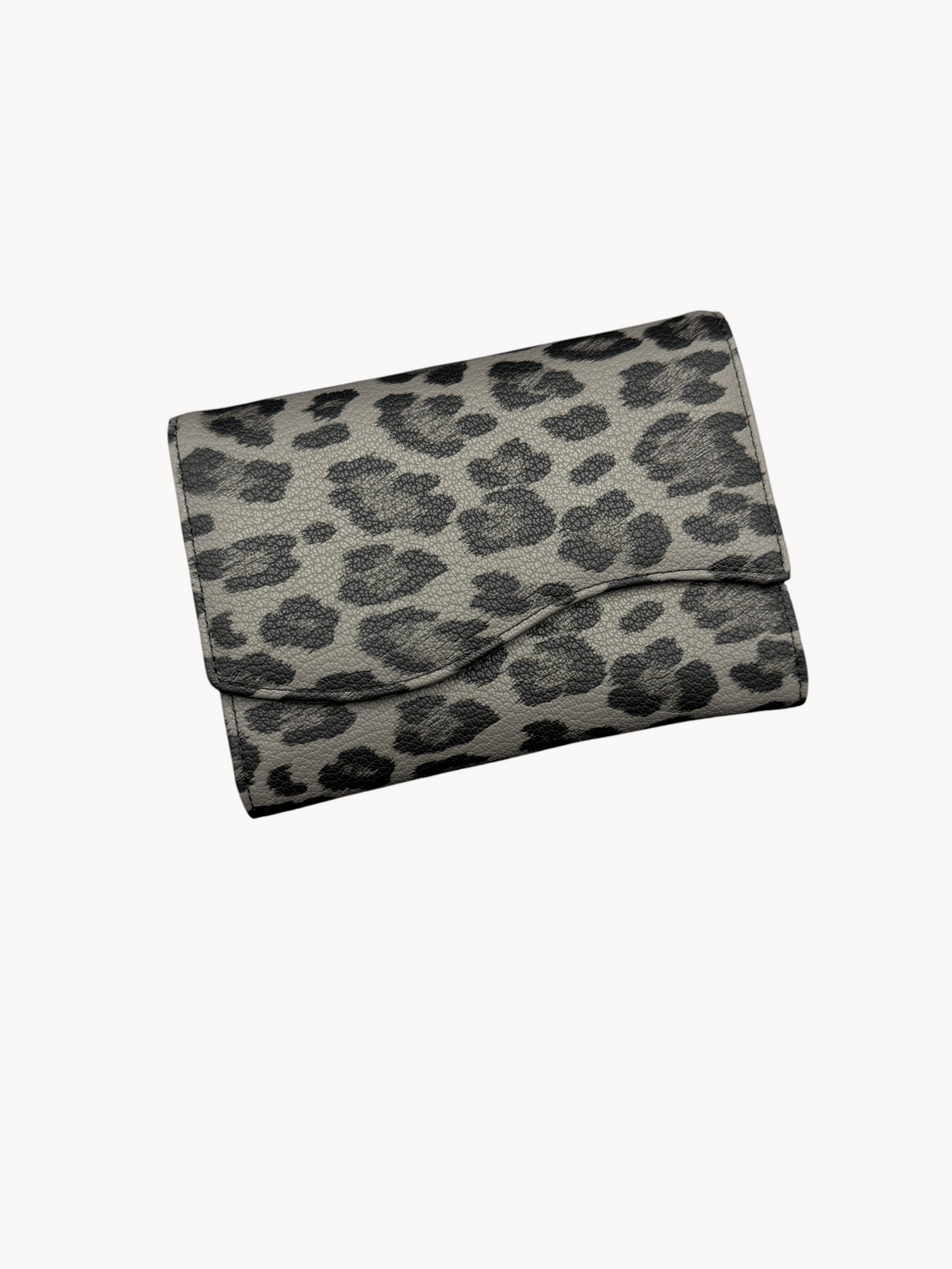 BUDGETNEEDS ™ Midi Wave wallet in a grey and black leopard print pattern with a curved flap design