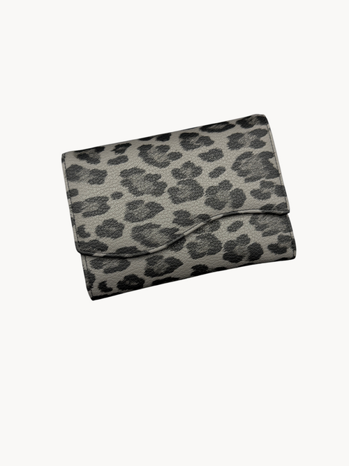 BUDGETNEEDS ™ Midi Wave wallet in a grey and black leopard print pattern with a curved flap design