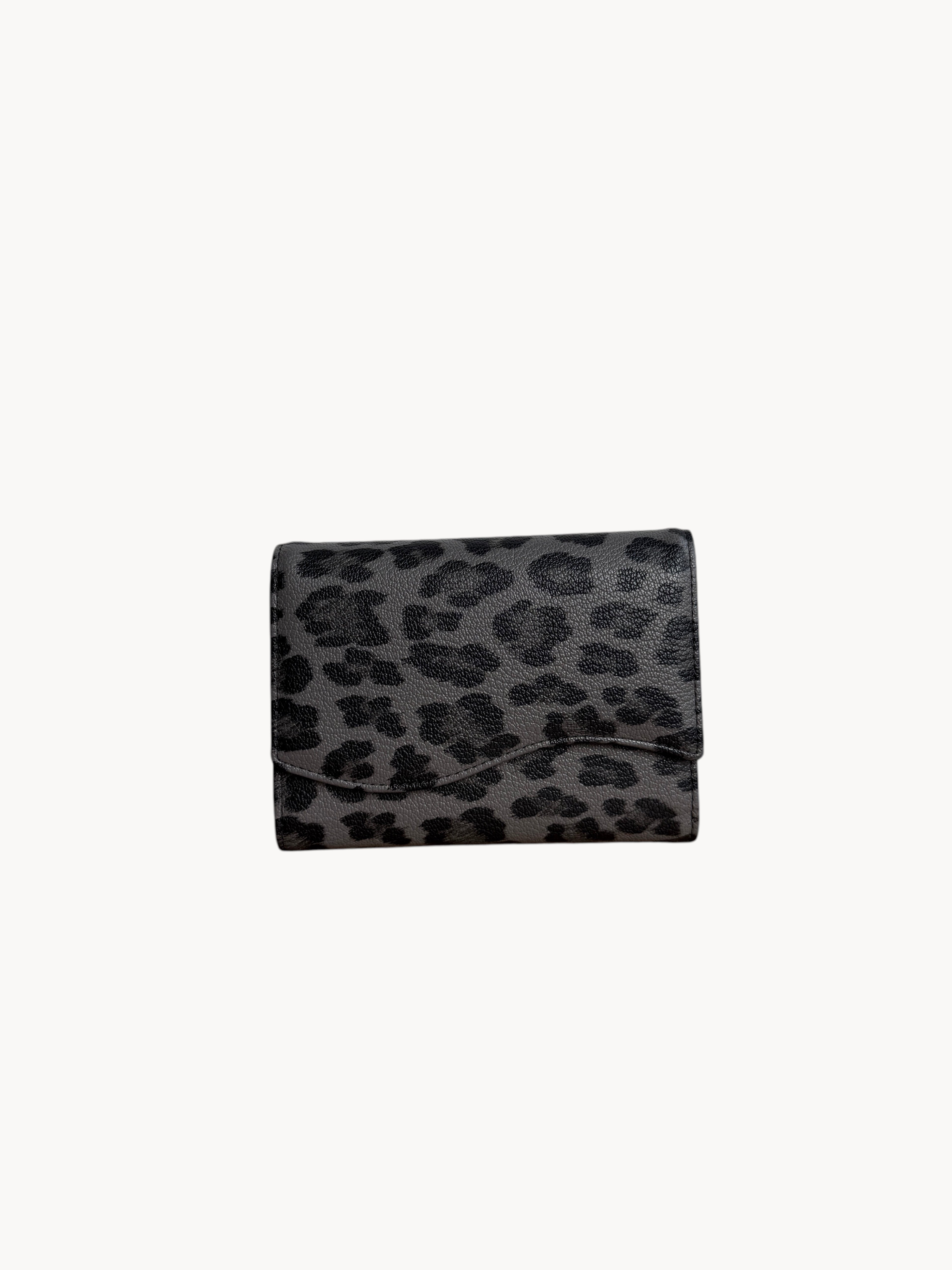 BUDGETNEEDS ™ MIDI WAVE WALLET in grey and black leopard print with a minimalist flap design