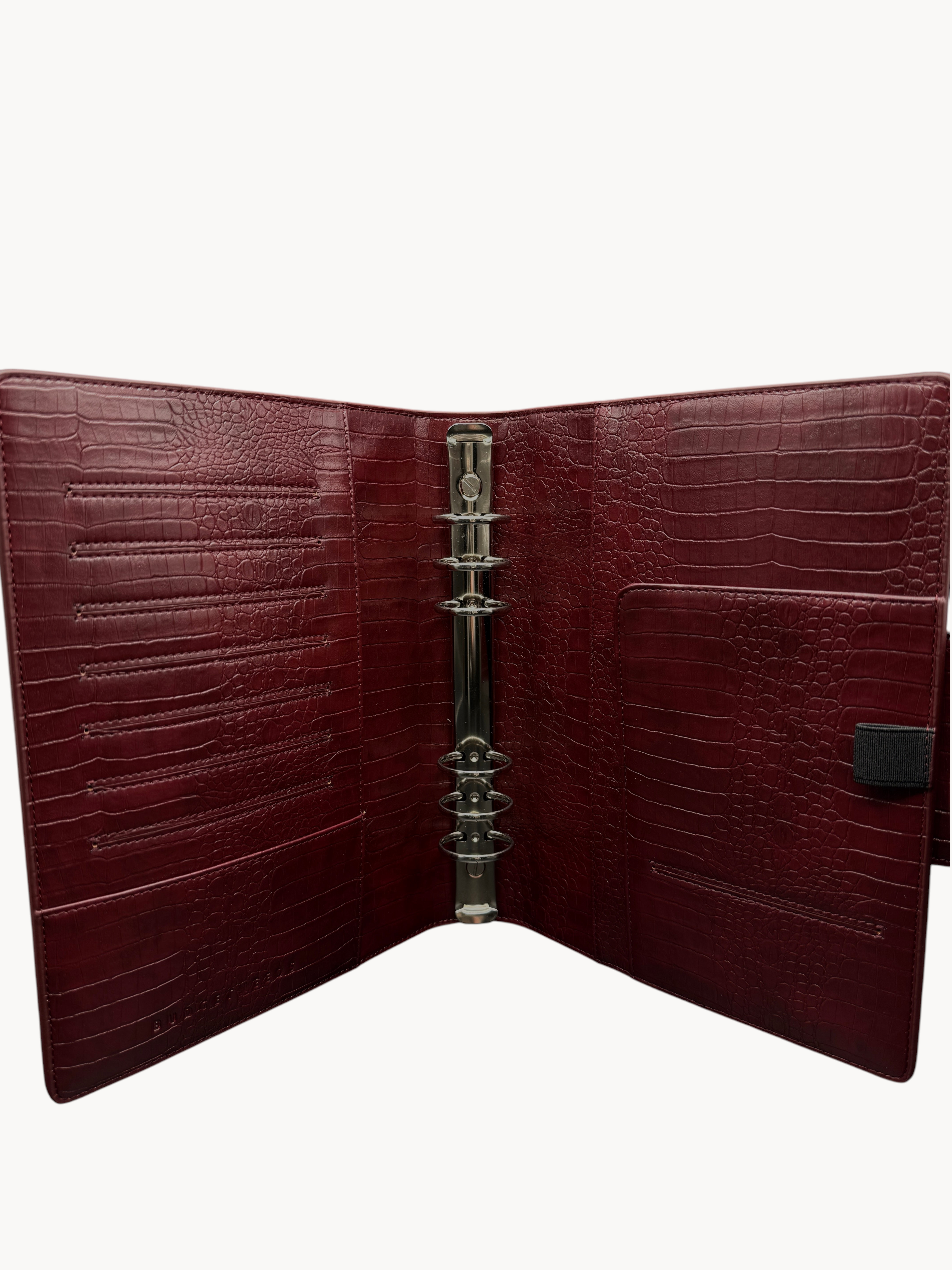 BUDGETNEEDS ™ A5 MiniFlap ring binder in ruby red crocodile-embossed leather with silver hardware and pen holder
