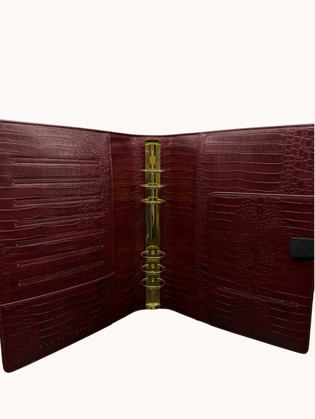 BUDGETNEEDS ™ A5 MiniFlap ring binder in ruby red crocodile-embossed leather with gold hardware and pen holder