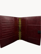 BUDGETNEEDS ™ A5 MiniFlap ring binder in ruby red crocodile-embossed leather with gold hardware and pen holder
