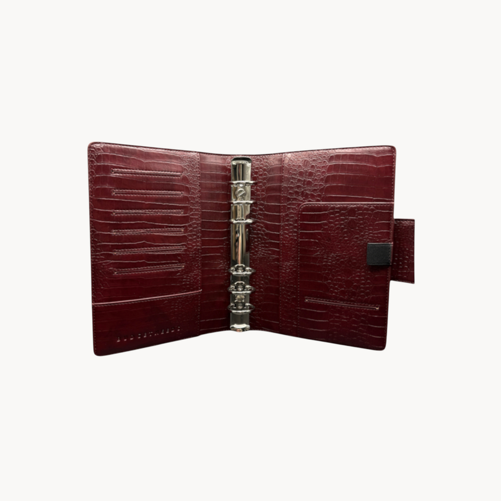 BUDGETNEEDS ™ A6 MiniFlap ring binder in ruby red crocodile-embossed leather with silver hardware and pen holder