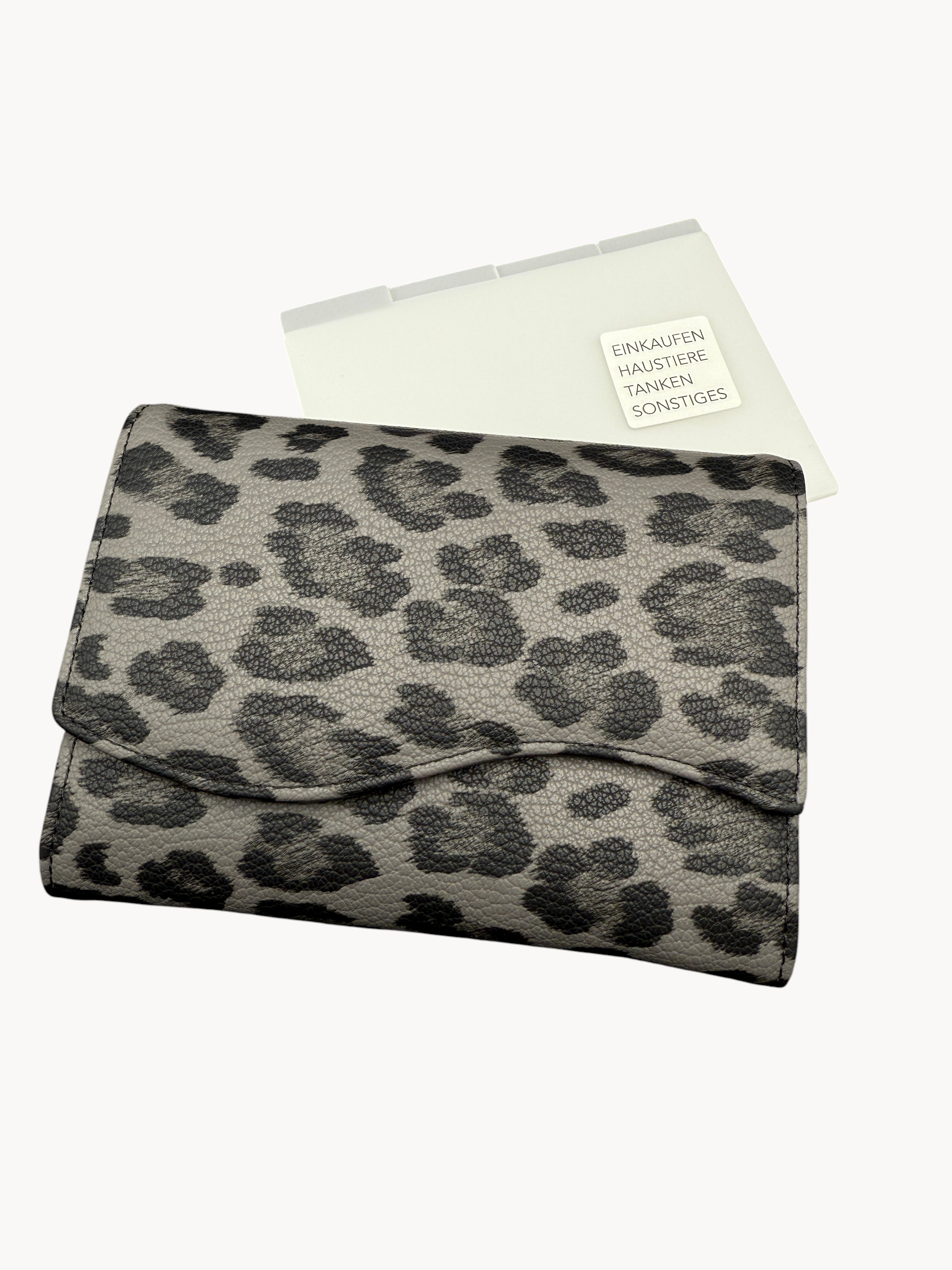 BUDGETNEEDS ™ transparent wallet divider insert with custom labels and leopard print wallet on black background