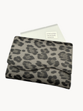 BUDGETNEEDS ™ transparent wallet divider insert with custom category stickers placed inside a grey leopard print wallet