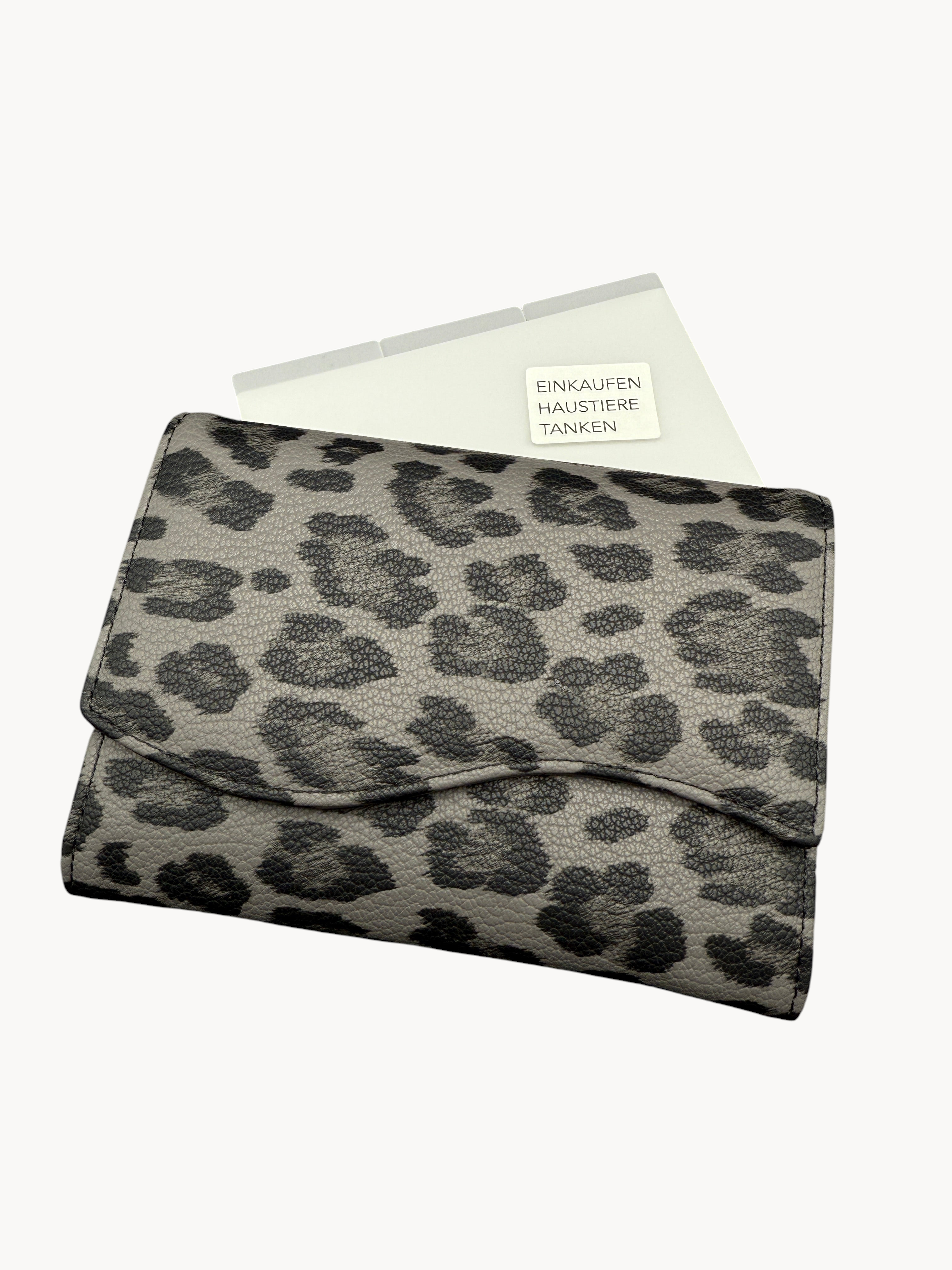 BUDGETNEEDS ™ transparent wallet divider insert with custom category stickers placed inside a grey leopard print wallet