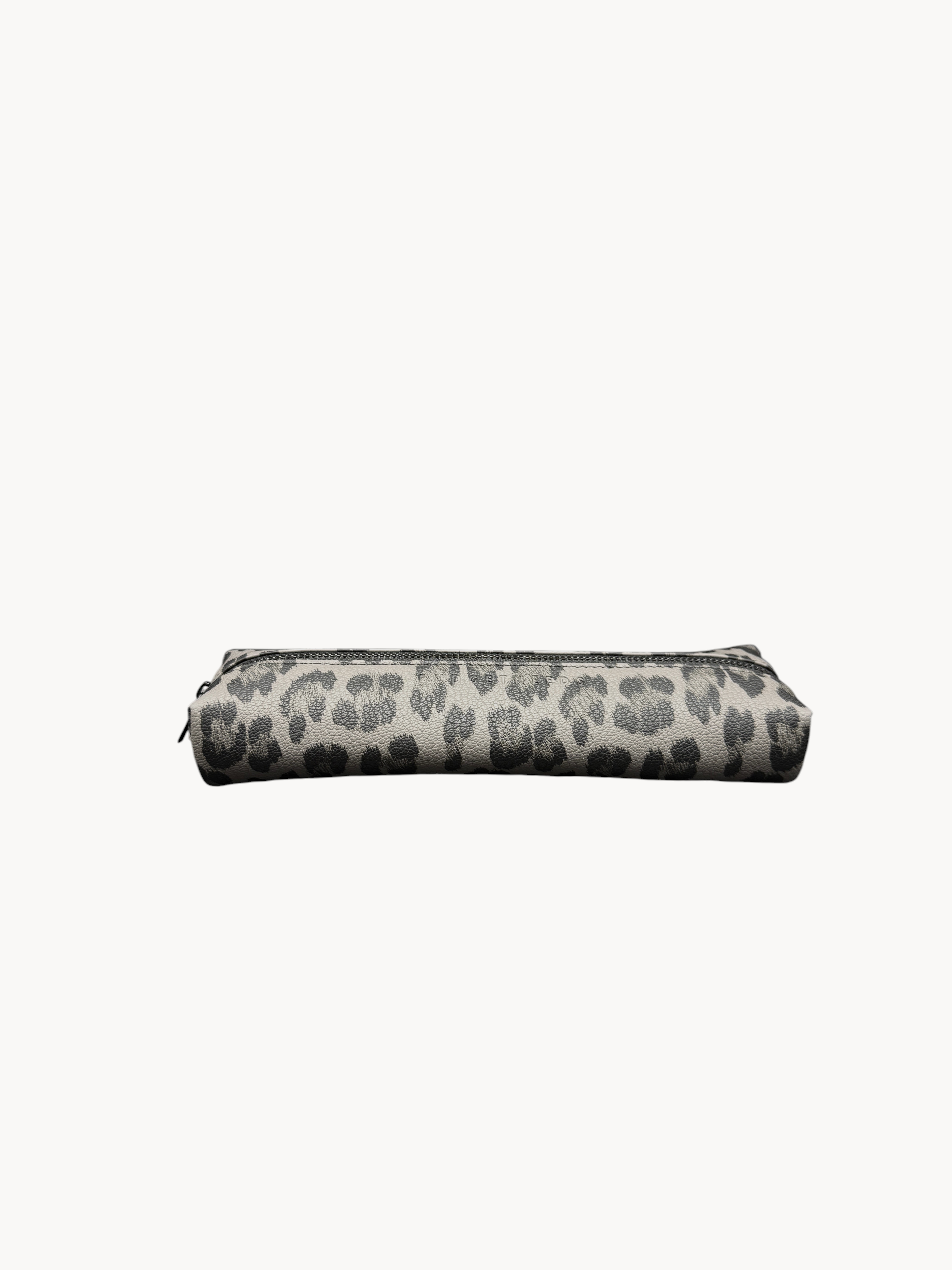 BUDGETNEEDS ™ vegan leather pencil case in a grey and black leopard print pattern with a black zipper