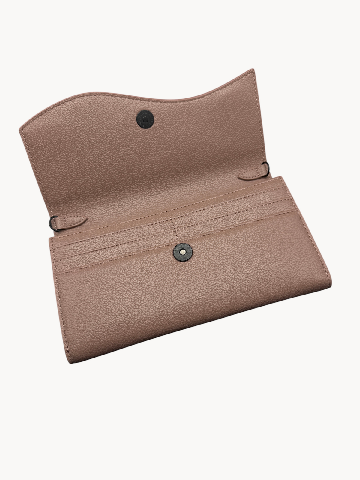 BUDGETNEEDS ™ Wallet Wave in dusty rose with a minimalist wavy flap design, multiple card slots, and snap closure.