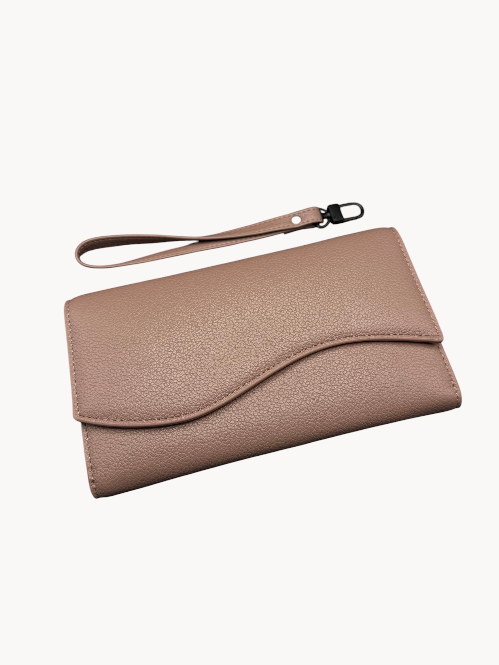 BUDGETNEEDS ™ Wallet Wave in dusty rose with a textured finish, featuring a curved flap and a detachable wrist strap.